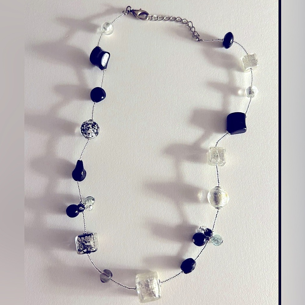 NWOT necklace Artisan Black, White, Silver Art glass Beads 18” Adj Spring Clasp